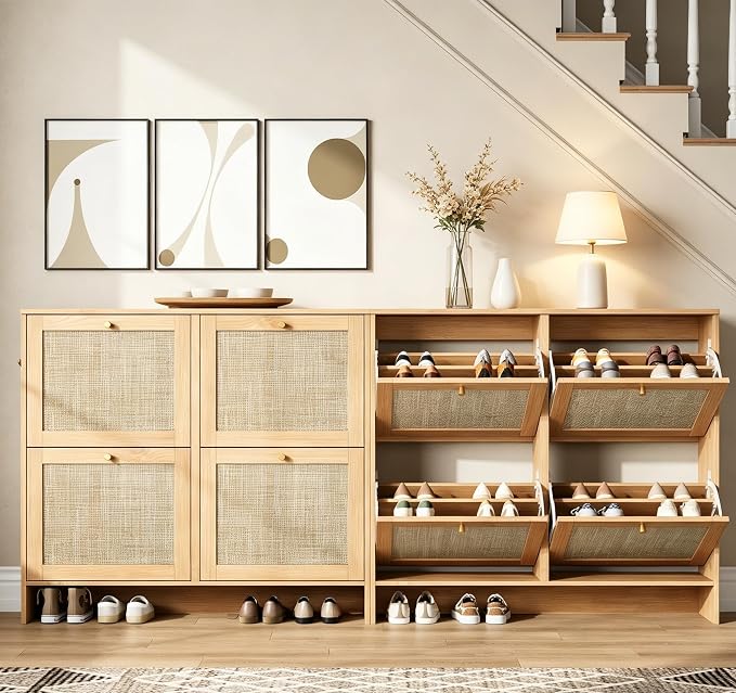 Nicetree Modern Rattan Shoe Cabinet, 4 Flip Drawers & Adjustable Shelves, Ultra Slim Freestanding (9.5” Deep), Holds 24+ Pairs, Narrow Shoe Storage Cabinet with Anti-Tip Safety,Sun-Drenched Ambe