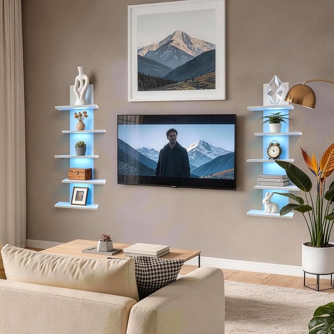 VIWODS 5 Tier Wall Shelf Unit-White Floating Shelves with Light for Home Decor, Modern Unique Asymmetric Design for Bedroom & Living Room Storage