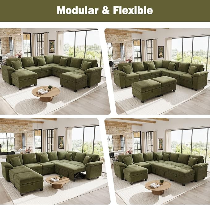 Ihanherry 108" Modular Sectional Sofa with Pull Out Bed, 9-Seater U Shaped Sectional Sleeper Couch with Storage, Chenille Convertible Couches for Living Room, Apartment (Green)