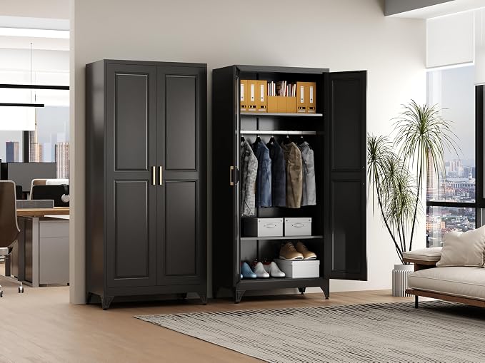 Polup Metal Armoire Wardrobe Closet with Hanging Rod, 71" Tall Wardrobe Cabinet for Clothes, Black Clothing Storage Cabinet with Doors and Shelves, Large Wardrobes for Bedroom, Office, School, Gym