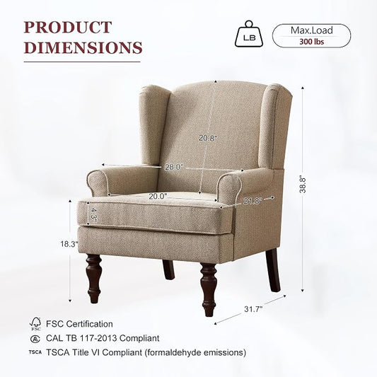 HUIMO Printed Wingback Accent Chair, Linen Upholstered High Back Armchair, Comfy Reading Chair for Living Room Bedroom Study, 300lbs Weight Capacity (2, Brown with Lines)