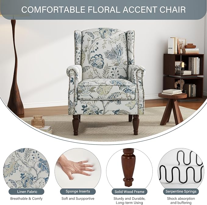 High Back Floral Accent Chairs Set of 2, Upholstered Armchair in Fabric, Retro Printed Wingback Arm Chair for Living Room, Nailhead Trim Single Sofa Bedroom Reading Seat - Plants Blue