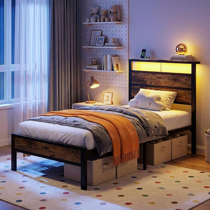 Twin Bed Frame with LED Lights & USB Charging Station, Brown Metal Platform Bed with Storage Headboard, Under-Bed Space, Noise-Free & Sturdy, No Box Spring Needed, Easy Assembly