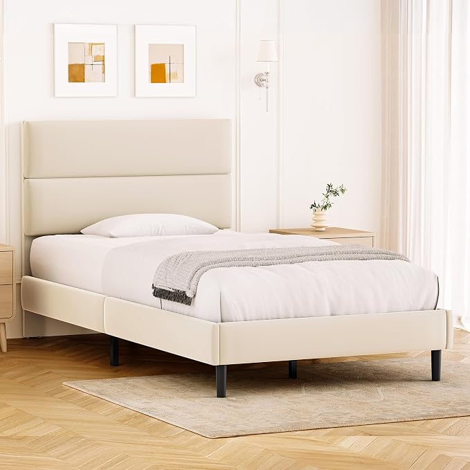 GRUSIGN Twin Size Platform Bed Frame with Velvet Headboard, Adjustable Height Wooden Slats Support, Upholstered Mattress Foundation, Fits Mattress or Mattress with Box Spring, Easy Assembly, Beige