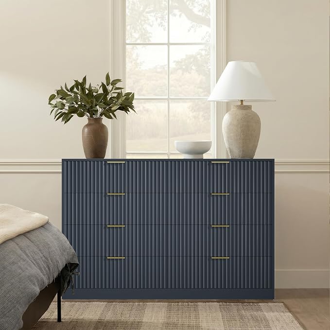 Navy Blue 8 Drawer Dresser for Bedroom, 55" Wide Fluted Chest of Drawers with Gold Metal Handles, Modern Wooden Dresser, Closet Storage Organizer Mid Century TV Stand for Living Room Hallway