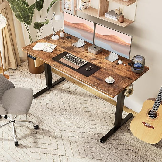 Sweetcrispy Electric Standing Desk Adjustable Height, 63x24 Inch Sit Stand Up Home Office Desks Memory Computer Workstation PC Work Table with Preset Splice Wood Board Metal Frame, Rustic