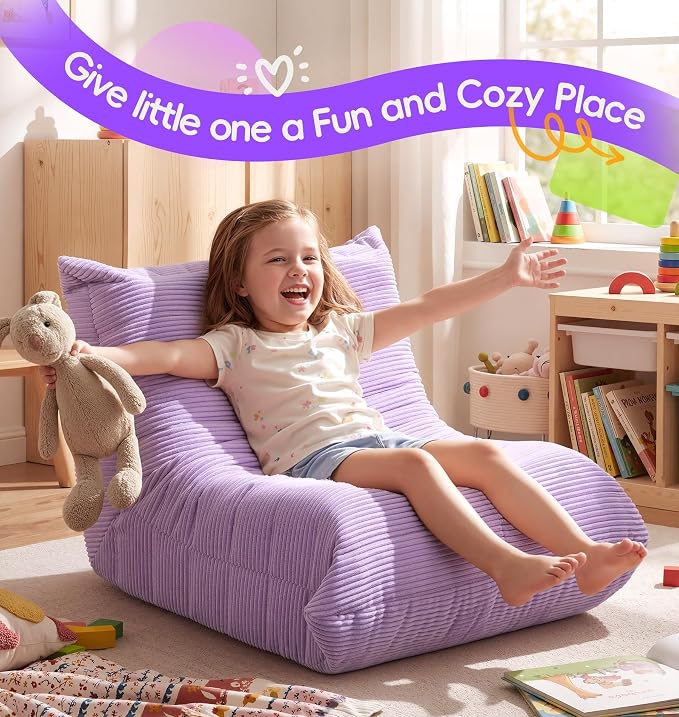 Hobestluk Small Bean Bag Chair Faux Fur Fabric BeanBag Couch for Playroom | Purple Corduroy,Ergonomic Design,Memory Foam,Strong Supportive,No Assembly Required,Decorative Style for Living Room Bedroom