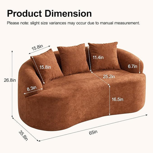 65" Curved Loveseat Sofa, Deep Seat Love Seat Couches with 3 Throw Pillows, Modern 2 Seater Boneless Curved Couch, Compressed Floor Sofa for Living Room Small Spaces, No Assembly, Orange