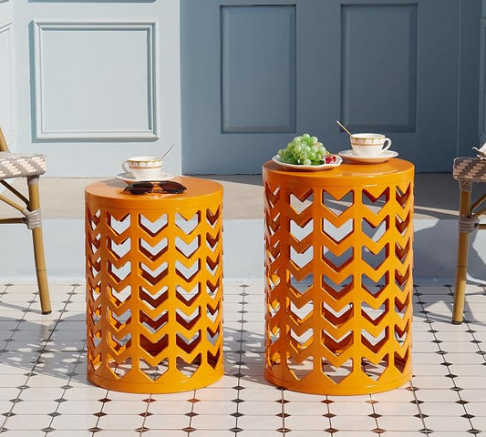 HFHOME Round Nesting Coffee Tables, Set of 3 End Tables for Living Room Balcony Office, Heavy Duty Metal Stacking Nightstand for Home Indoor - Orange
