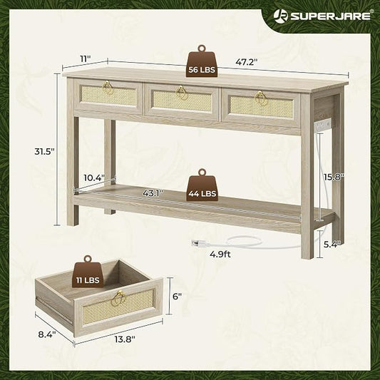 SUPERJARE Rattan Console Sofa Table with Outlets and USB-C Port, 3 Drawer Entryway Table with Synthetic Rattan Surface, Open Shelf, Behind Couch Entry Foyer Hallway Storage, Light Gray