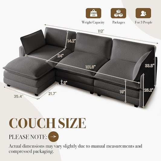ROWHY 112'' Sectional Cloud Couch with Movable Ottoman, 4 Seat Modern Chenille Modular Sofa with 2 Throw Pillows, Deep Seat L Shaped Couch for Living Room Bedroom Apartment, Dark Grey | Sturdy Frame