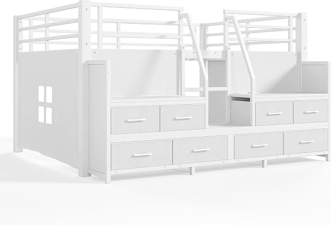 Bellemave Full Size Loft Bed with 8 Non-Woven Fabric Storage Drawers and Bookshelf, Low Loft Bed with Lights and Private Play Curtain, Full Loft Beds with High Rails, Noise Reduced White