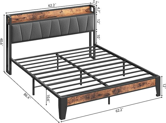 LIKIMIO Queen Bed Frame, Storage Headboard with Charging Station, Solid and Stable, Noise Free, No Box Spring Needed, Easy Assembly