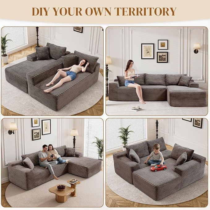 95" L Shaped Boneless Sectional Couches, Wide Armrest, Deep Seat, Memory Foam, Assembly Free, Modern Comfy Corduroy Fluffy Cloud Sofa with Right Chaise for Living Room, Small Spaces, Brown