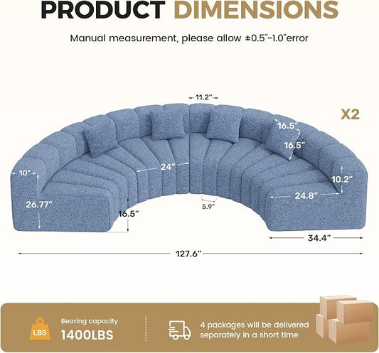 Oversized Curved Sofa, 8 Seater Modular Velvet Cloud Couch, Modern Boneless Sectional Couches for Living Room, No Assembly Required, Light Blue 1PC