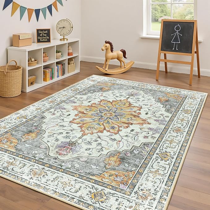 RELEANY Area Rugs 4'x6' Washable Non-Slip, Floral Vintage Distress Medallion Carpet for Living Room Bedroom Dining Room, Beige Carbon Grey Orange