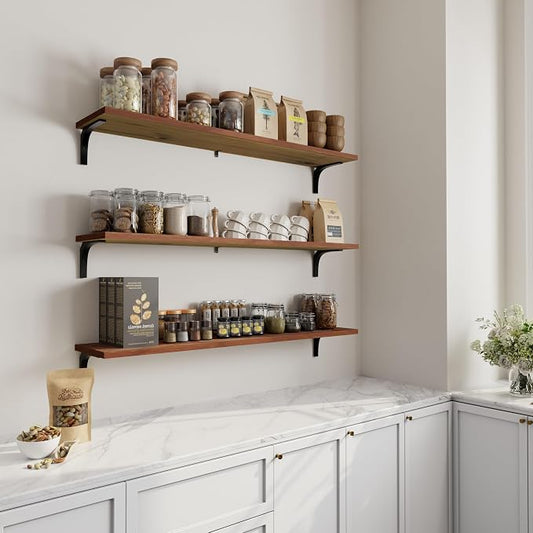 Deep Floating Shelves, 12 Inch Extra Wide Solid Wood Wall Shelves, 48 Inch Long Heavy Duty Wall Mounted Bookshelf for Living Room, Kitchen and Bedroom, Set of 3 (Brown)