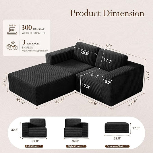 Vesgantti 80" Modular Sectional Sofa, Corduroy Cloud Couch with Deep Seats & Spring Support, Compact 2 Seater Boneless Couch, L-Shaped Modular Sofa for Small Spaces, Apartments, No Assembly, Black