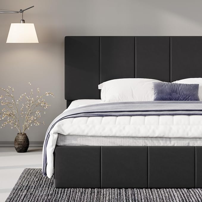 Allewie King Size Dutch Velvet Upholstered Platform Bed Frame/Vertical Channel Tufted Adjustable Headboard/Low Profile Bed Frame/No Box Spring Needed/Easy Assembly/Black
