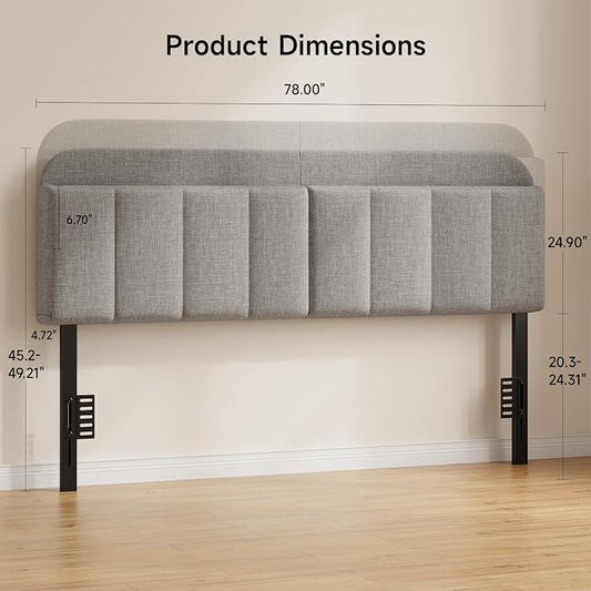Headboard for Full/Queen Size with LED Light, Upholstered Bed HeadBoard with Storage, Linen Fabric Head Board with Vertical Channel Design, Height Adjustable, Easy to Assemble, Light Grey