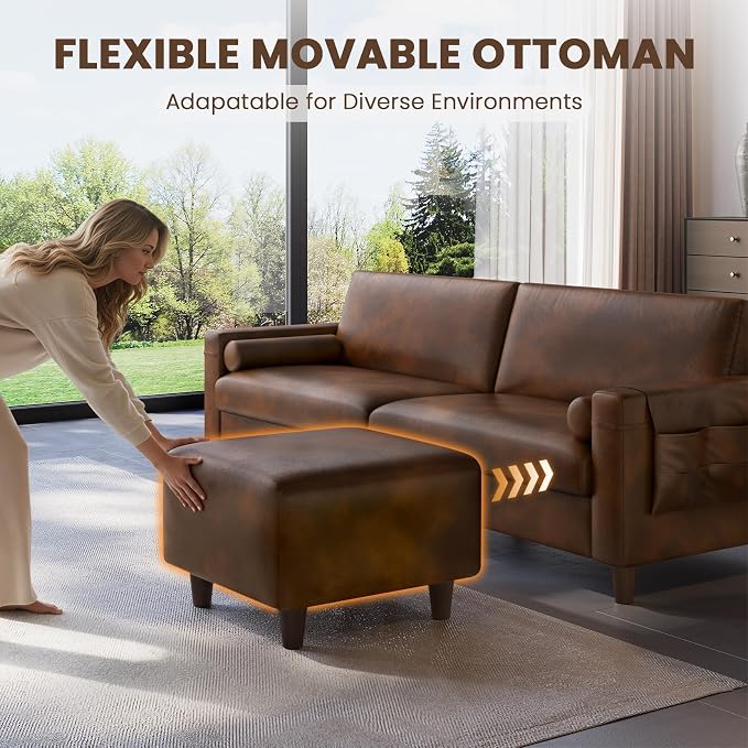 Vesgantti 100" Faux Leather Sofa with Movable Ottoman, Wide Seating L Shaped PU Leather Couch with Side Pocket, Comfy Mid Century Modern Modular Sectional Sofa for Living Room, Office, Cocoa