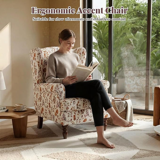EROMMY Floral Accent Chair, Comfortable High Back Upholstered Armchair with Solid Wood Legs, Leisure Single Sofa Chair for Living Room, Home Office, Bedroom, Orange Floral
