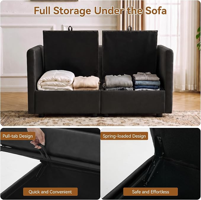 55" Black Faux Leather Storage Loveseat Sofa, Upholstered 2 Seater Sofa | Modern Deep Seat Cloud Sofa Chair, Small Love Seat Comfy Modular Sectional Sofa for Living Room, Bedroom, Small spaces