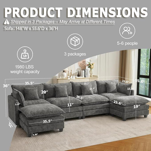 148” Modular Sectional Sofa, U Shaped Cloud Couch with Movable Ottoman, Comfy Chenille Deep Seat Sofa with Throw Pillows, 6 Seat Modern Couches for Living Room Bedroom Apartment, Grey