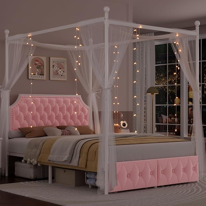 Keyluv Full Upholstered Canopy Bed Frame with 2 Storage Drawers & Button Tufted Headboard, Metal Platform Bed with 4 Removable Posts, Two-Purpose Velvet Bed, Pink/Curtain Not Included