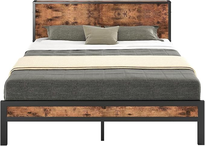 DUMEE King Bed Frame with Wood Storage Headboard, Metal Platform Bed Frames King Size, No Box Spring Needed, Noise Free, Black & Vintage Brown