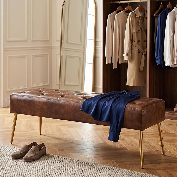 DUHOME Button-Tufted Ottoman Bench, Upholstered Bedroom Benches with Gold Legs Faux Leather Bench for Entryway Dining Room Living Room Bedroom End of Bed, Yellowish Brown