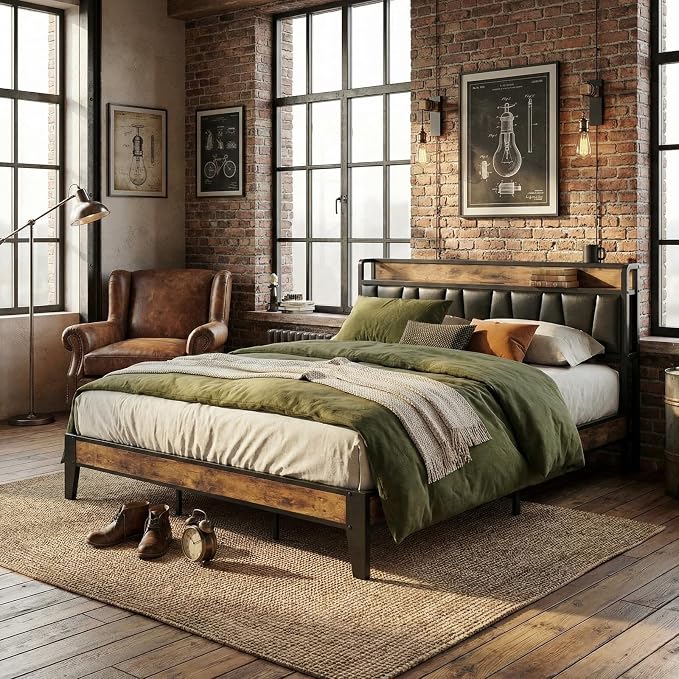LIKIMIO California King Bed Frame, Storage Headboard with Charging Station, Solid and Stable, Noise Free, No Box Spring Needed, Easy Assembly (Vintage and Black)