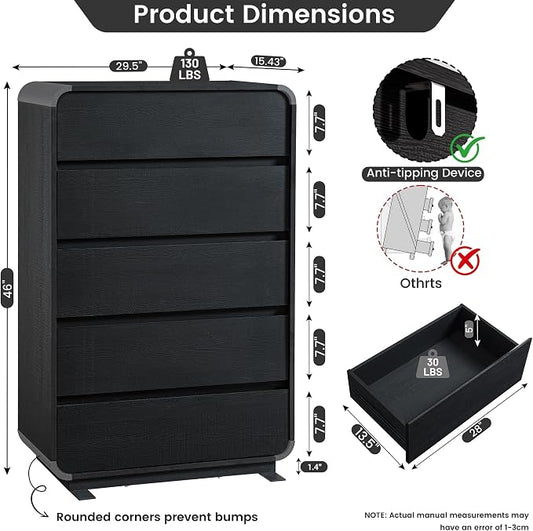 Standifurno 29.5’’ W Dresser for Closet, Black Drawers with Curved Design, Chest Drawer with 5 Drawers, Vertical Drawer with Large Storage, Wooden Dresser for Living Room, Nursery, Entryway