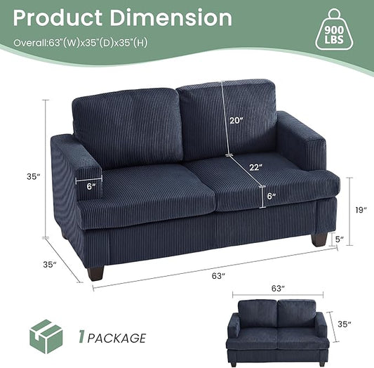 YOUDENOVA Sofa Couch, 3 Piece Set Comfy Sofa, 2 Loveseat & 3 Seater Sofa with Deep Seats for Living Room, Modern Sleeper Couch, Blue Corduroy