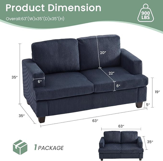 YOUDENOVA Sofa, 3 Piece Set Comfy Sofa, Loveseat & 2 3-Seater Couch with Deep Seats for Living Room, Modern Sleeper Couch, Blue Corduroy