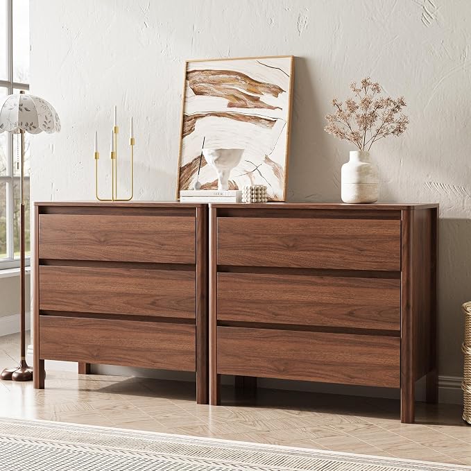 MAISONARIA Walnut 3-Piece Dresser Bedroom Set, 9 Drawers Dresser & 3 Drawer Nightstands with Hidden Handles, Wood Chest of Drawers for Bedroom, Living Room, Entryway