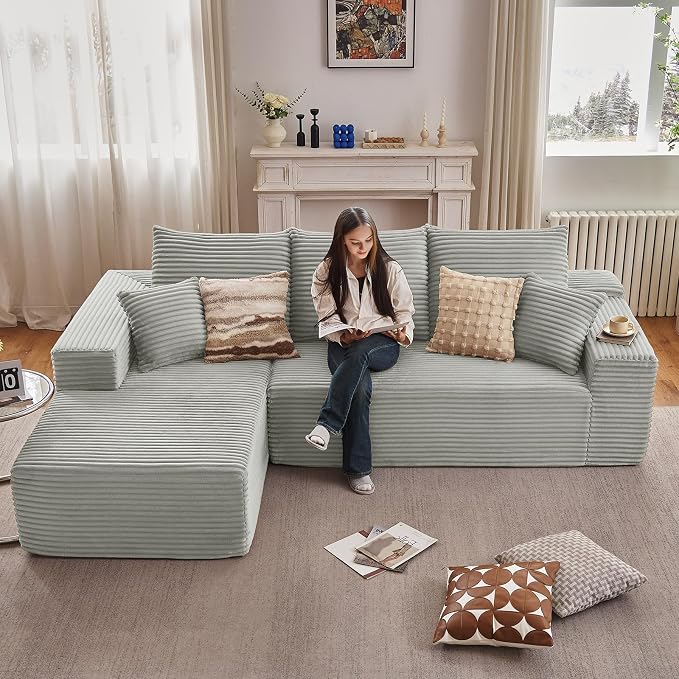 107" Cloud Sectional Couch with L-Shape Chaise, Modern Modular Comfy Sofa with Deep Seat, Upholstered Corduroy Couches Sleeper Chaise Longue for Living Room Bedroom, No Assembly Required, Grey