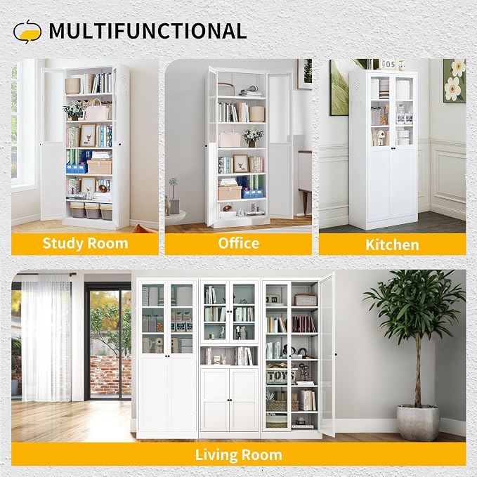 Pantry Cabinet with Glass Doors, 72” Kitchen Storage Cabinets with 5 Adjustable Shelves, Kitchen Pantry Cabinet with Ventilation Holes and Hooks for Home, Living Room, Pantry (White)