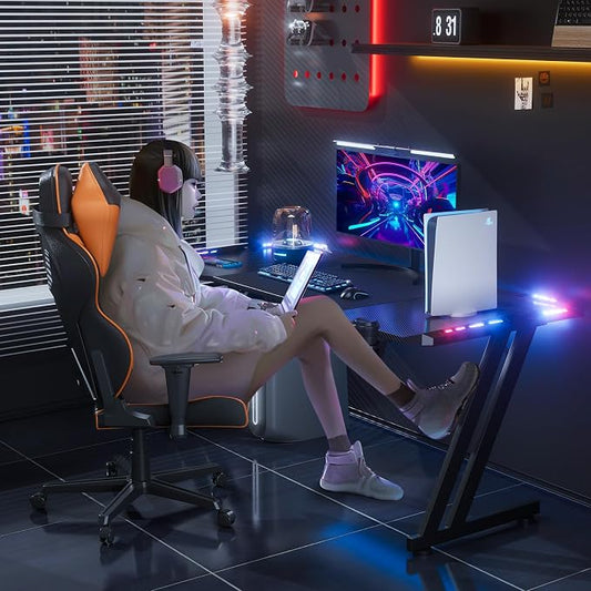 HLDIRECT 63 Inch Gaming Desk with LED Lights, Large RGB Computer Gaming Desk Table with Cup Holder Headphone Hook Mouse Pad, Ergonomic Modern Carbon Fiber Mesa Gamer Pc Work Home Office Desks, Black