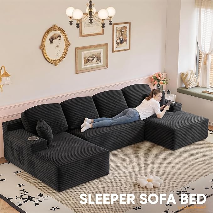 Homall 142" Boneless Couch, Modular Sectional Sofa, No Assembly Required, Memory Foam Filling, Corduroy U-Shaped Sofa, Movable Multi-Person Couch for Living Room (Black)