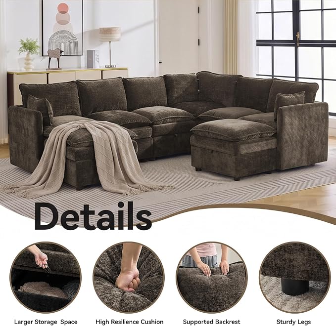 105" Brown Modular Storage Sofa, U Shaped Chenille Couch with 2 Ottomans | Oversized Convertible Sectional Sofa, 6-Seat Sectional Couch With 2 Ottomans, Large Cloud Couch For Living Room, Apartment.