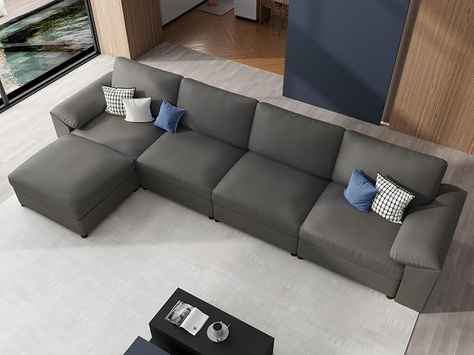 EASE MOOSE Oversized Modular Sectional Sofa,Leather Sectional Couch with Deep Seat,Extra Large L Shaped Couch,Modern Comfy Scratch Resistant Faux Leather Material Sofa,Grey
