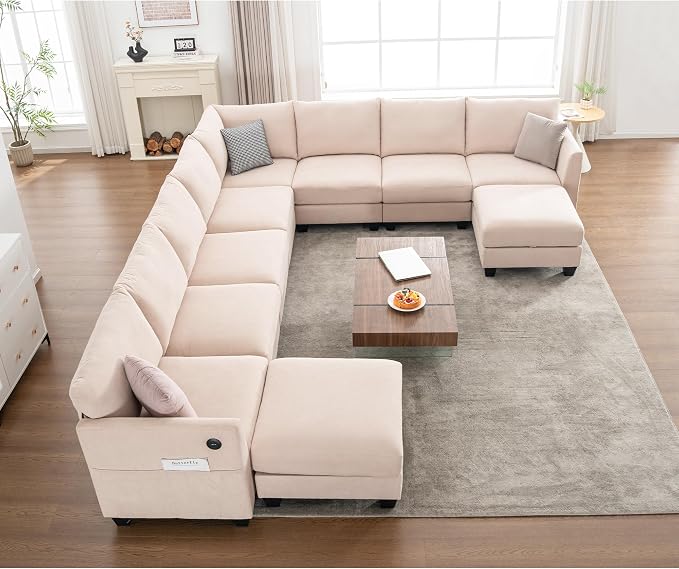 150.4" Large Sectional Couches for Living Room, 8 Seater L Shaped Modular Sectional Sofa with Two Storage Ottomans & USB, Oversized Corner Couch for Living Room(Beige)