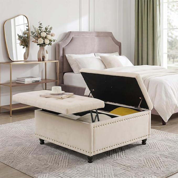 Tbfit Large Square Storage Ottoman Bench, Tufted Upholstered Coffee Table Ottoman with Lift Top & Wooden Legs, Oversized Storage Ottomans Toy Box for Living Room (Beige Velvet)