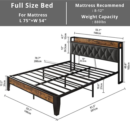 ANCTOR Full Bed Frame, Upholstered Tufted Headboard, Storage Shelves & Charging Station, No Box Springs Needed, Sturdy, Noise-Free, Modern Vintage Style