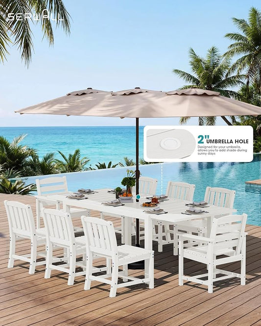 SERWALL Outdoor Expandable Dining Table 60" - 83", White | Patio Dining Table for 4-8 People, All Weather HDPE and Aluminum Outdoor Furniture