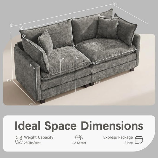 Oversized Loveseat Sofa, 70" Sectional Cloud Couch, 2 Seat Modern Comfy Sofa Chenille Deep Seat Couches with 2 Pillows, for Small Apartment, Living Room (Grey, 70" Loveseat)