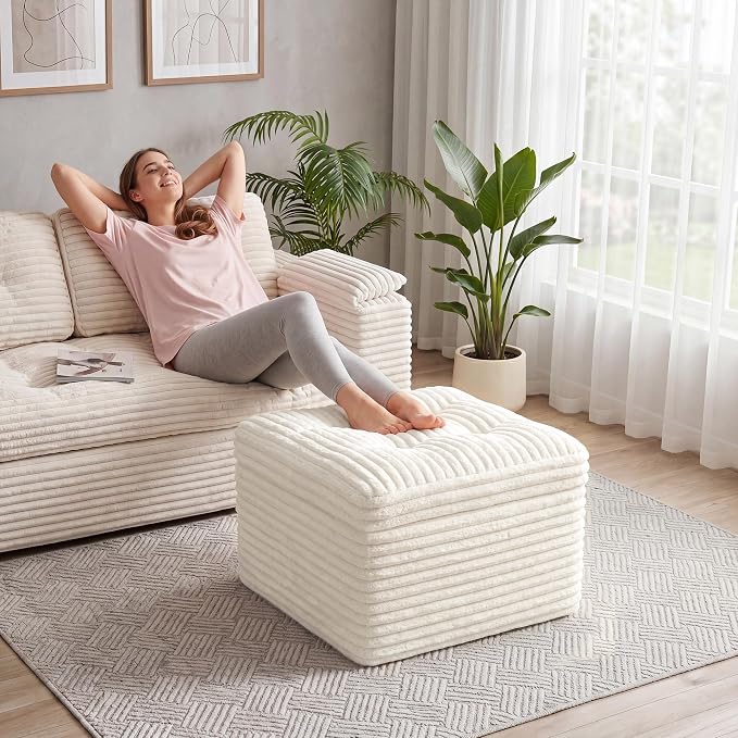 23.6in Pouf Ottoman, Corduroy Ottoman Foot Rest with Dual‑Layer Support, Large Poofy Pouf with Soft Chunk‑Foam Top & Firm Foam Base, Floor Foot Stool for Living Room, Beige