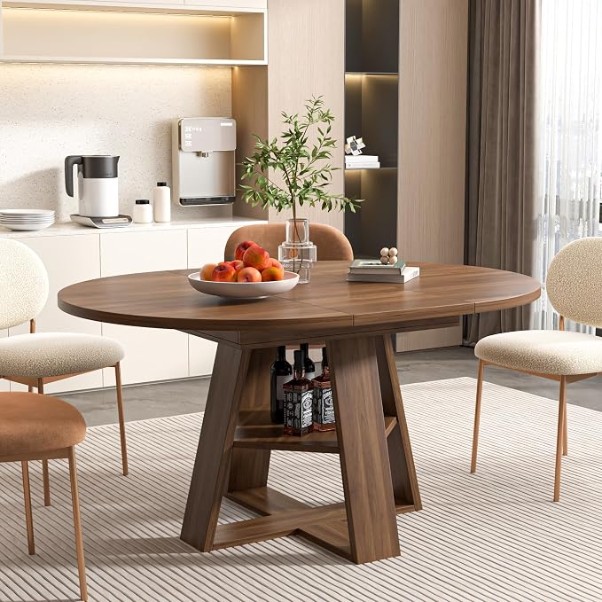 43.3in-59in Extendable Round Dining Table for 4-8,Modern Kitchen Oval Dining Table with Removable Leaves Space Saving,Wood Base with Storage Shelf for Kitchen Living Room (Walnut)