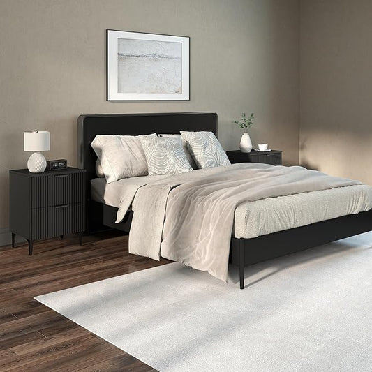 SUNWAVE Black Fluted Nightstand Set of 2, Modern Night Stands with 2 Drawers, Bedside Table for Twin/Full/Queen Bed, End Table with Robot-Friendly Metal Legs for Bedroom, Living Room